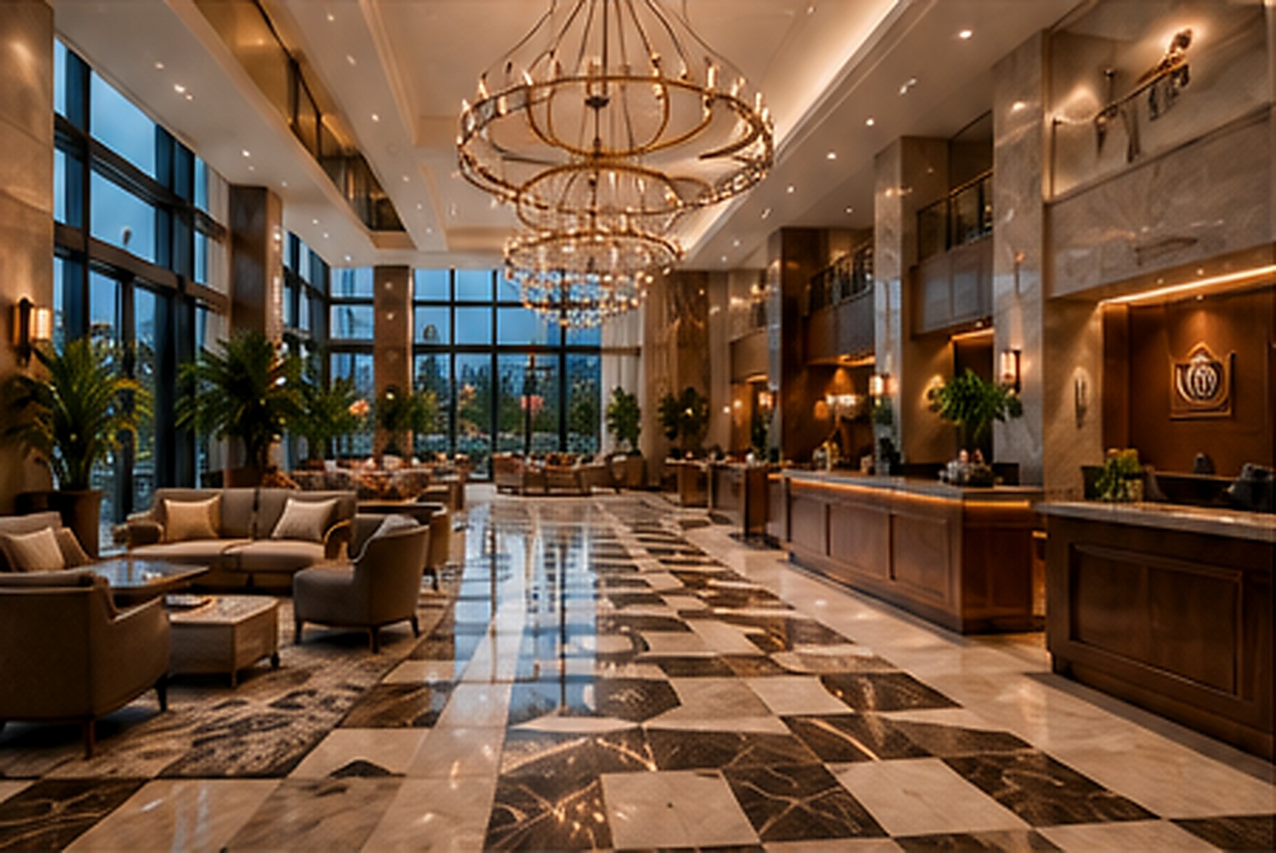 Dramatic upscale hotel lobby with warm lighting and premium seating